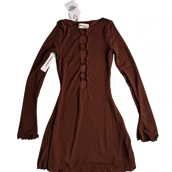 NWT Princess Polly Dejonge Ring Detail Long Sleeve Minidress Brown US 2 - Picture 4 of 9